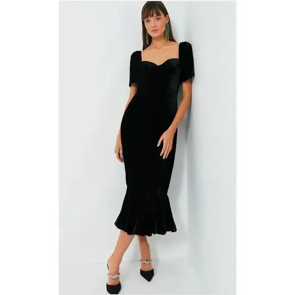 RHODE Sweetheart Velvet Ramona Slim Midi Dress in Jet Black Size 4 New with Tags